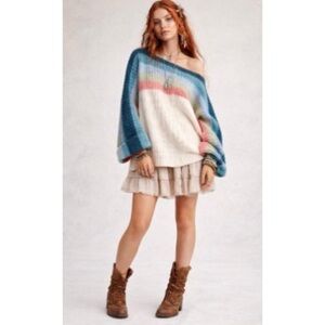 POL Knit Wool Blend Bell Sleeves Boho Blue Cream Boat Neck Oversized Sweater M